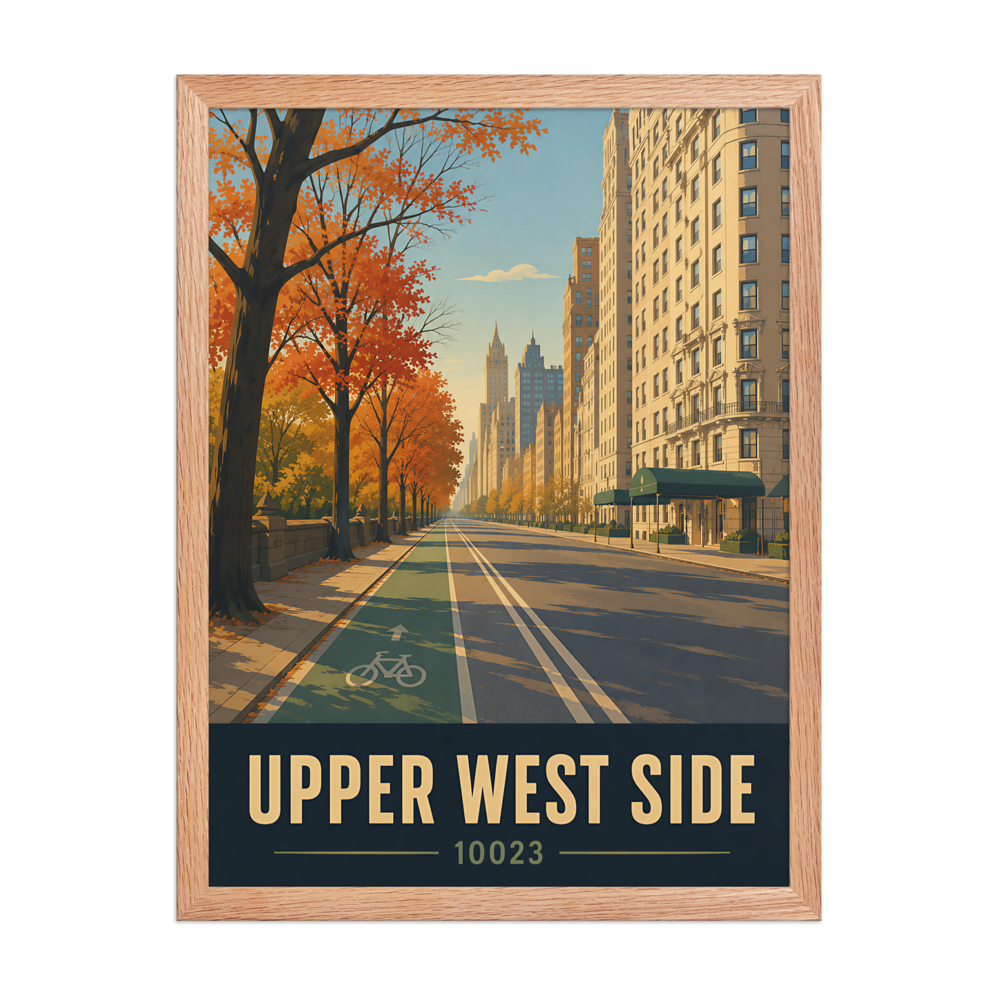 Framed Central Park West autumn poster with 10023 zip code