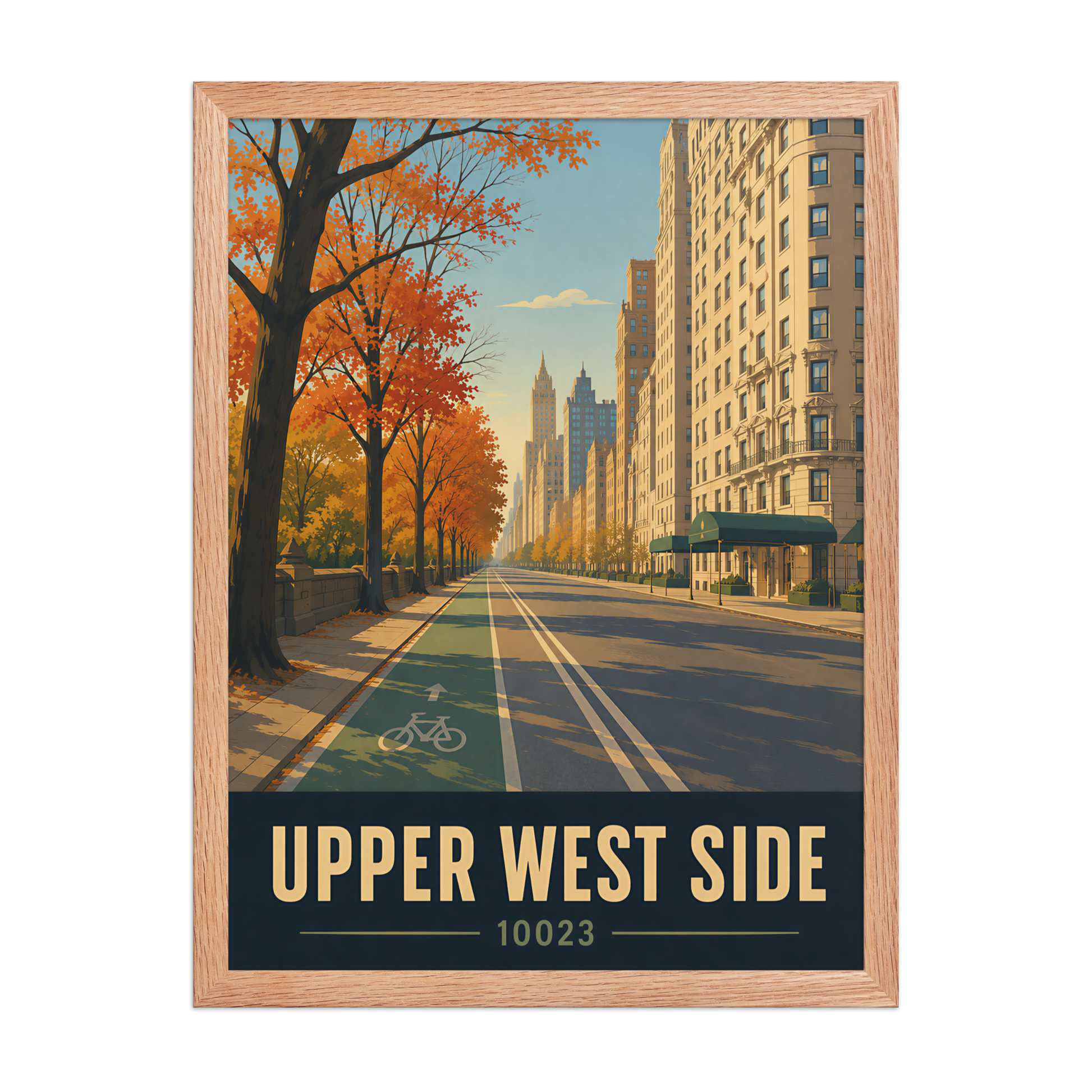 Framed Central Park West autumn poster with 10023 zip code