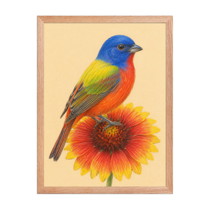 Framed Painted Bunting colored pencil illustration on Indian Blanket flower, wood frame wall art