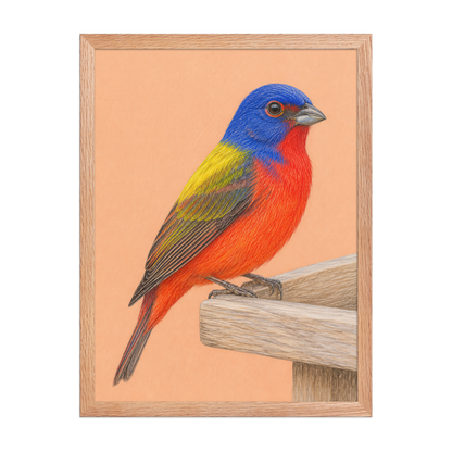 Framed Painted Bunting colored pencil illustration on wooden feeder, apricot background, wood frame wall art