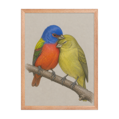 Framed male and female Painted Bunting pair colored pencil illustration, wood frame wall art