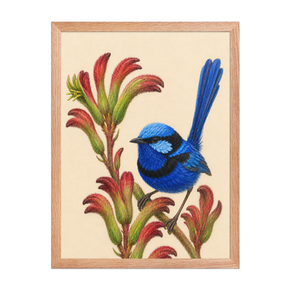 Framed Splendid Fairywren blue wren colored pencil illustration on Kangaroo Paw flowers, wood frame wall art