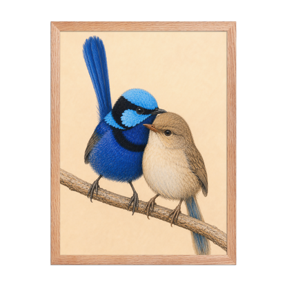 Framed male and female Splendid Fairywren blue wren pair colored pencil illustration, wood frame wall art