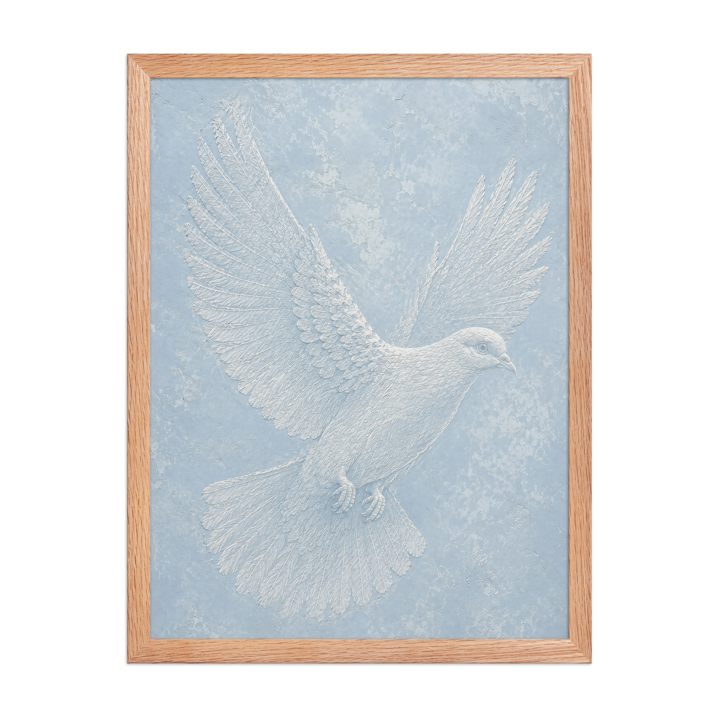Framed peace dove print with embossed relief-look design on dusty blue textured background