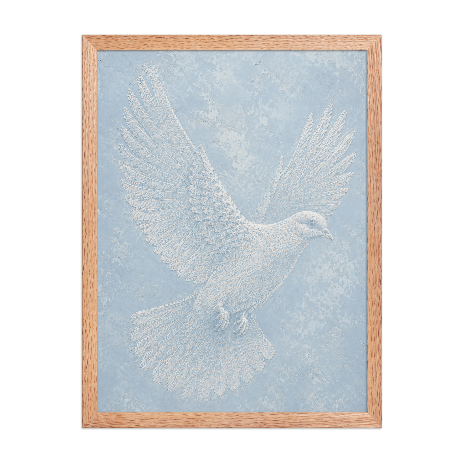 Framed peace dove print with embossed relief-look design on dusty blue textured background
