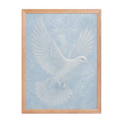 Framed peace dove print with embossed relief-look design on dusty blue textured background
