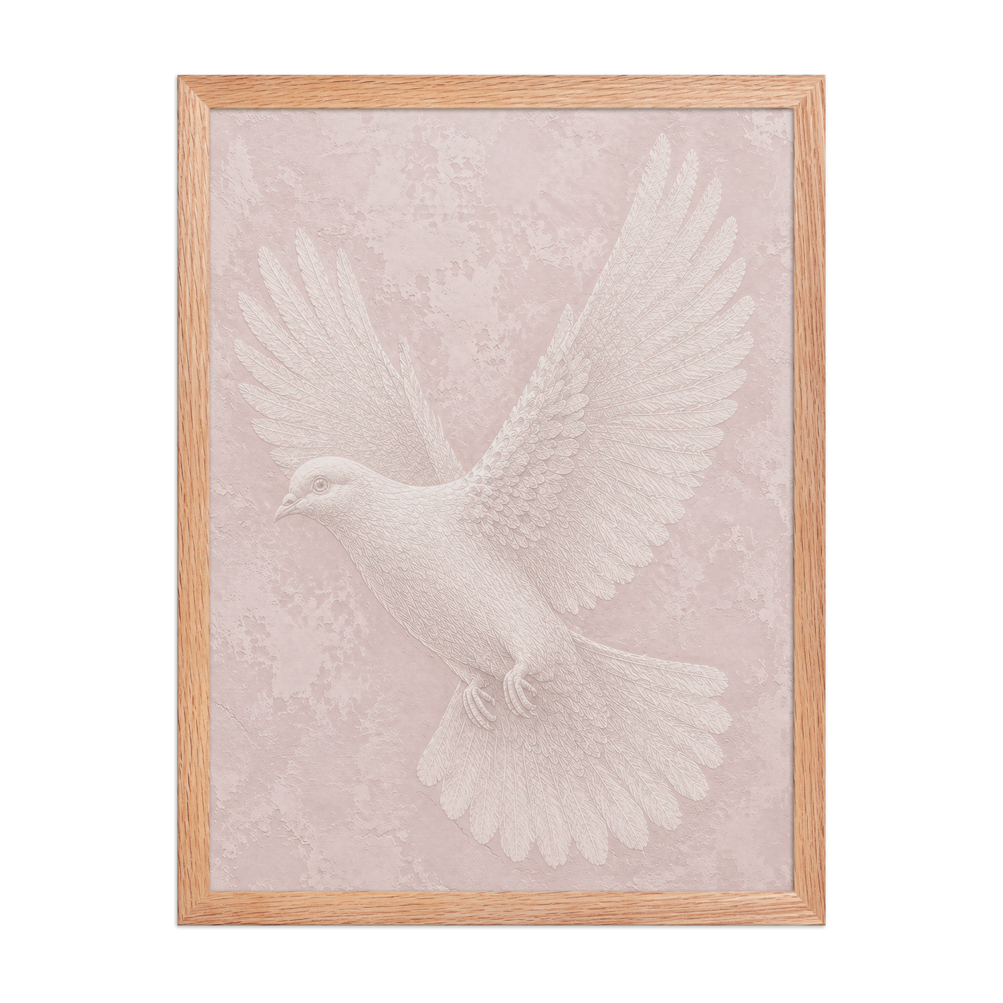 Framed peace dove print with embossed relief-look design on blush pink textured background