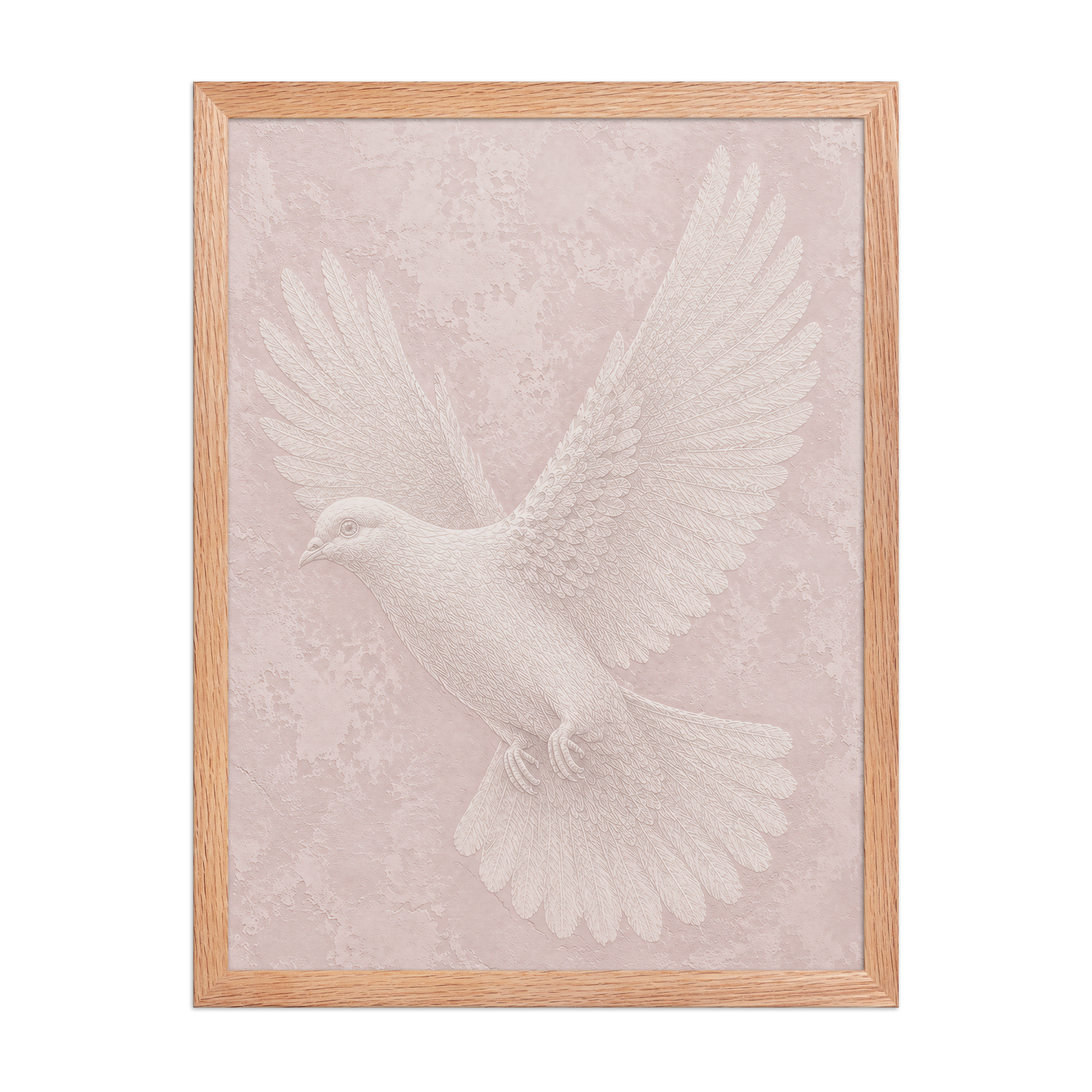 Framed peace dove print with embossed relief-look design on blush pink textured background