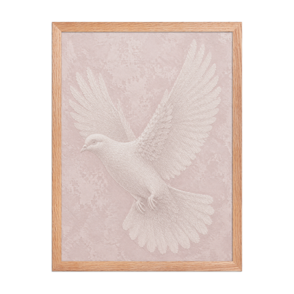 Framed peace dove print with embossed relief-look design on blush pink textured background