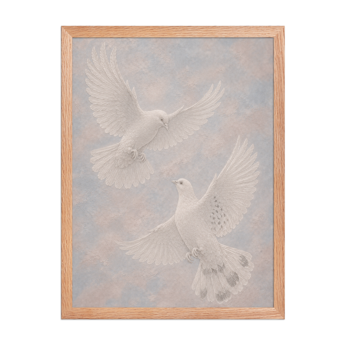 Framed two peace doves print with embossed relief-look design on dusty blue and blush textured background