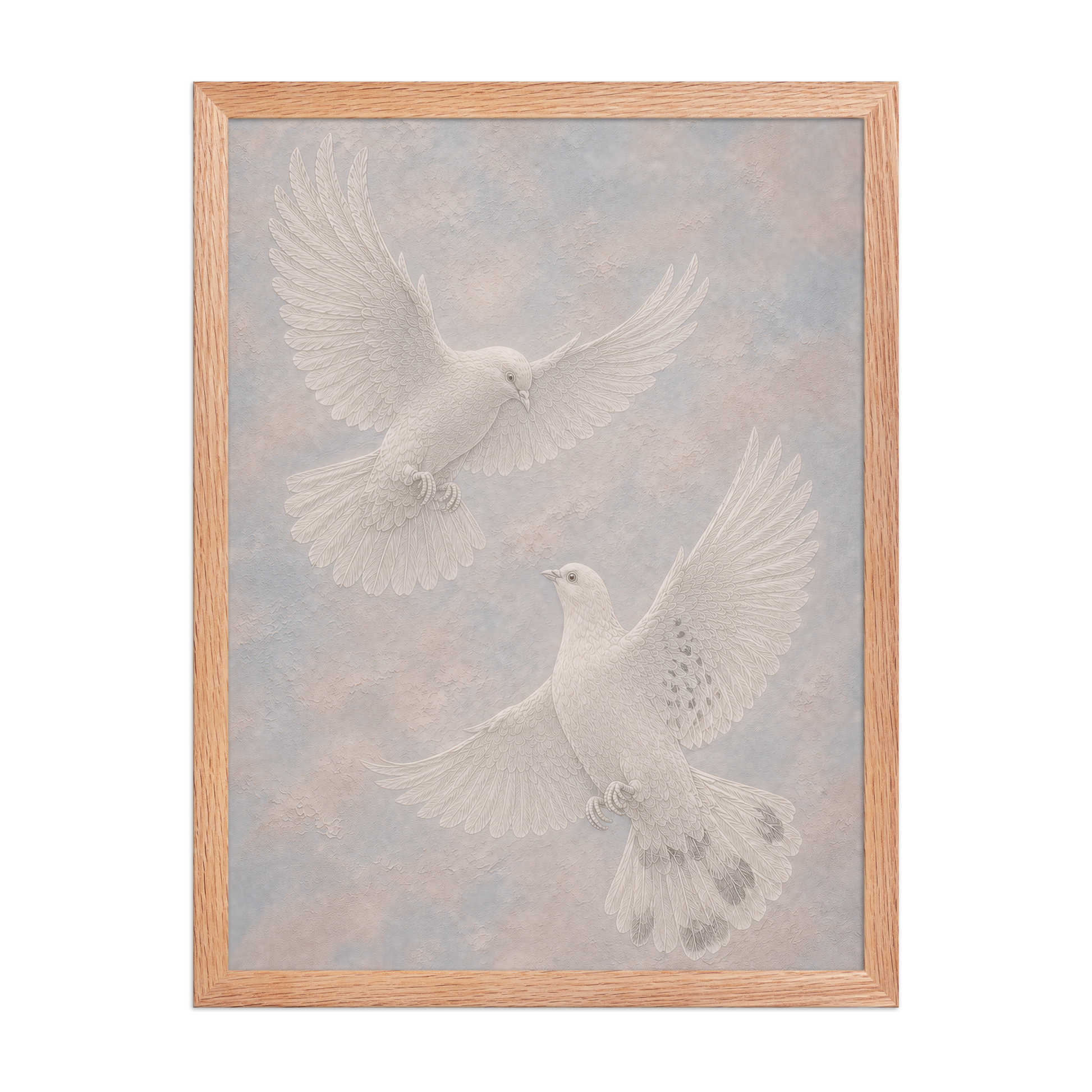 Framed two peace doves print with embossed relief-look design on dusty blue and blush textured background