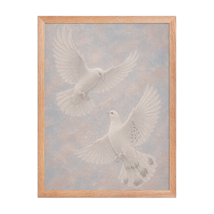 Framed two peace doves print with embossed relief-look design on dusty blue and blush textured background