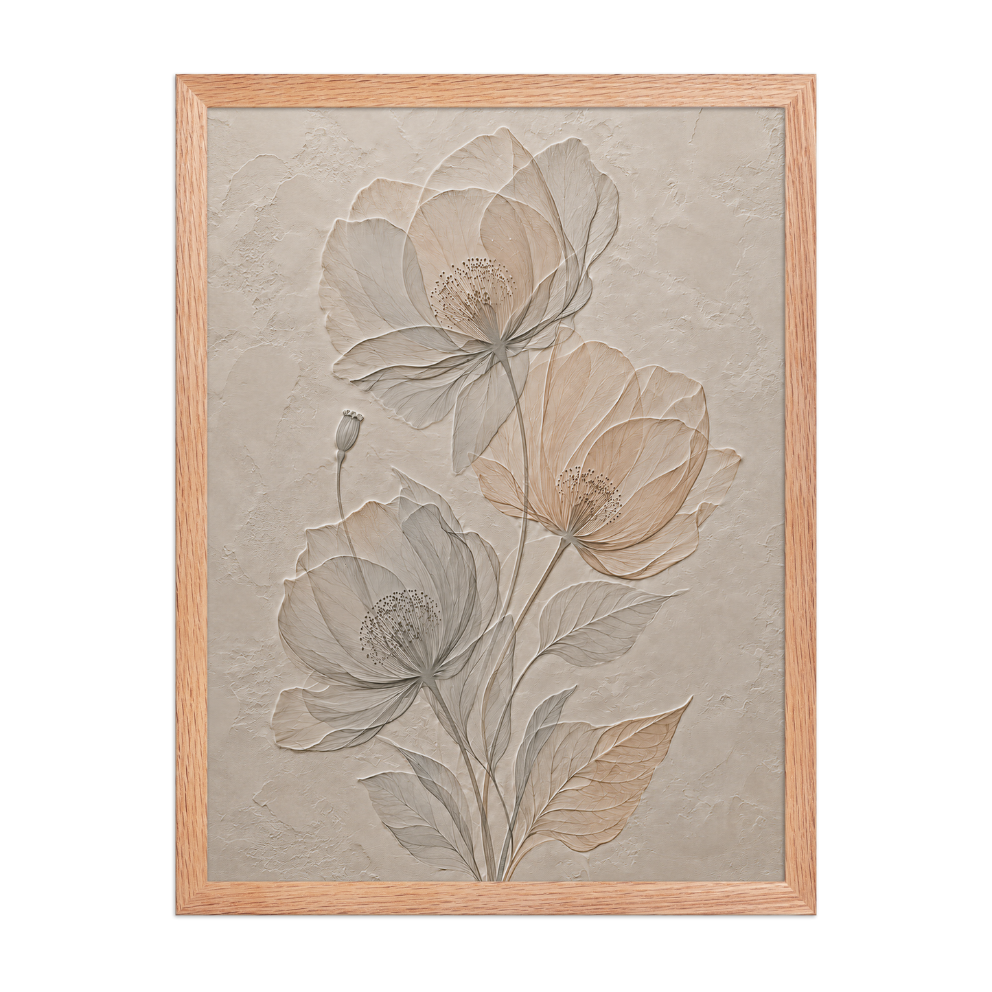 Framed wildflower bouquet print with embossed relief-look design on neutral beige textured background