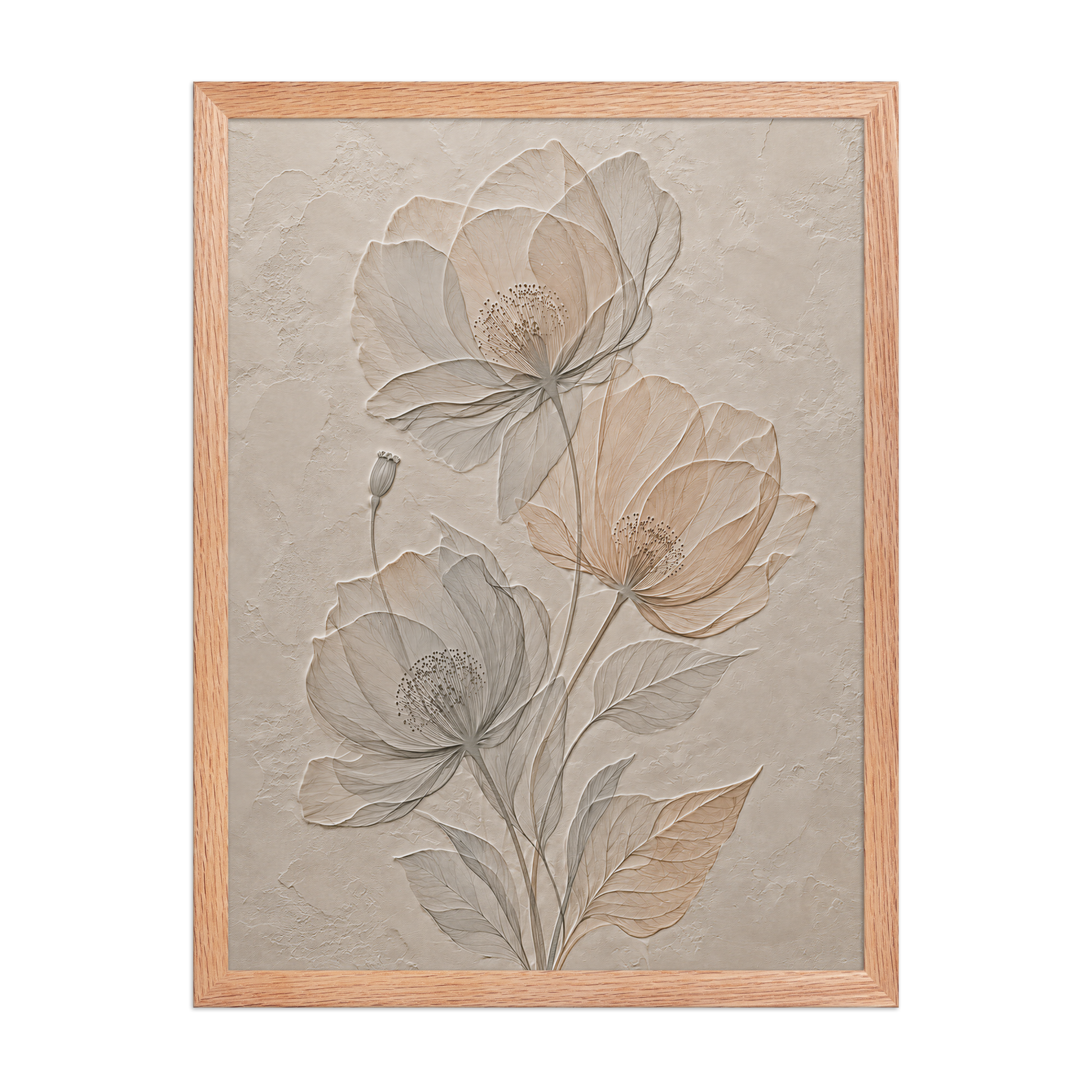 Framed wildflower bouquet print with embossed relief-look design on neutral beige textured background