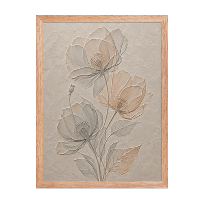 Framed wildflower bouquet print with embossed relief-look design on neutral beige textured background