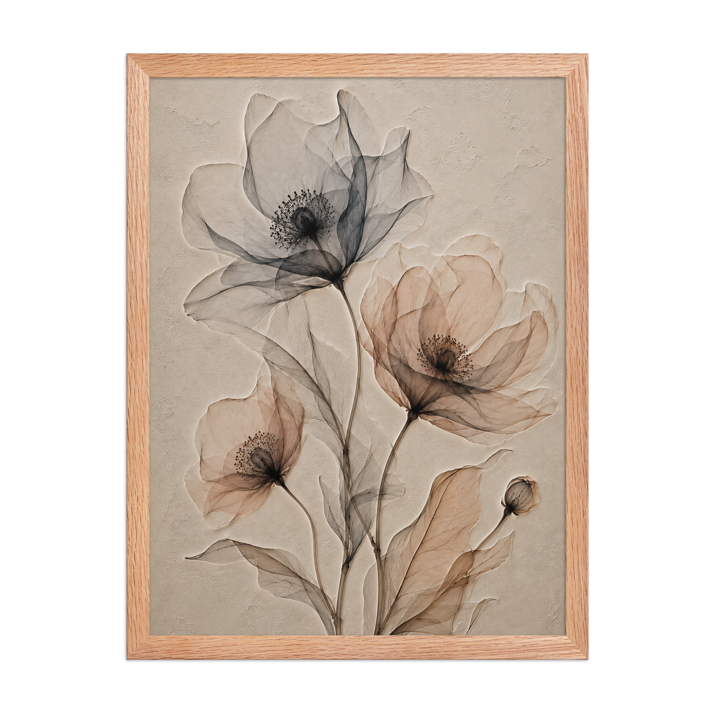Framed wildflower trio print with embossed relief-look design in charcoal and clay tones on beige textured background