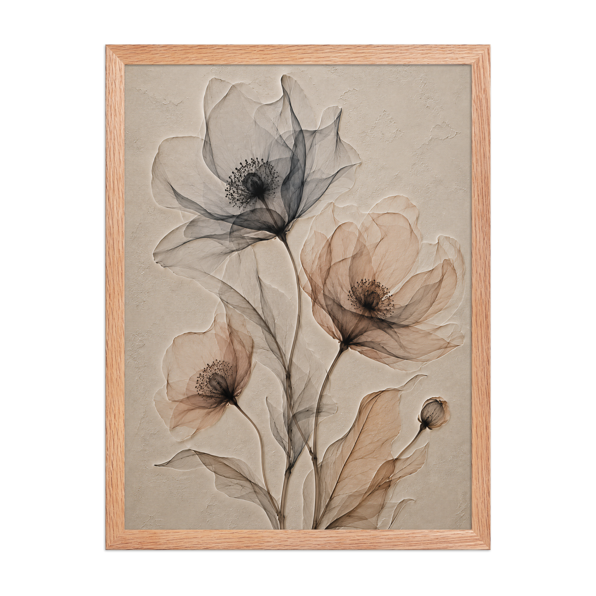 Framed wildflower trio print with embossed relief-look design in charcoal and clay tones on beige textured background