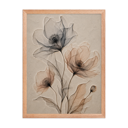 Framed wildflower trio print with embossed relief-look design in charcoal and clay tones on beige textured background