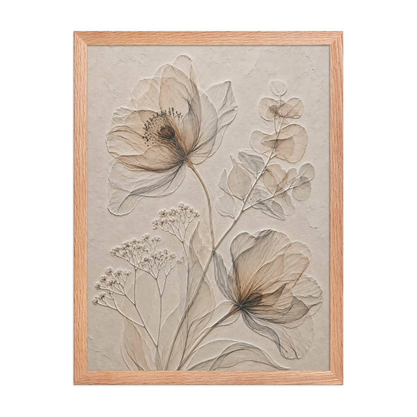 Framed botanical study print with embossed relief-look design in warm sepia tones on beige textured background