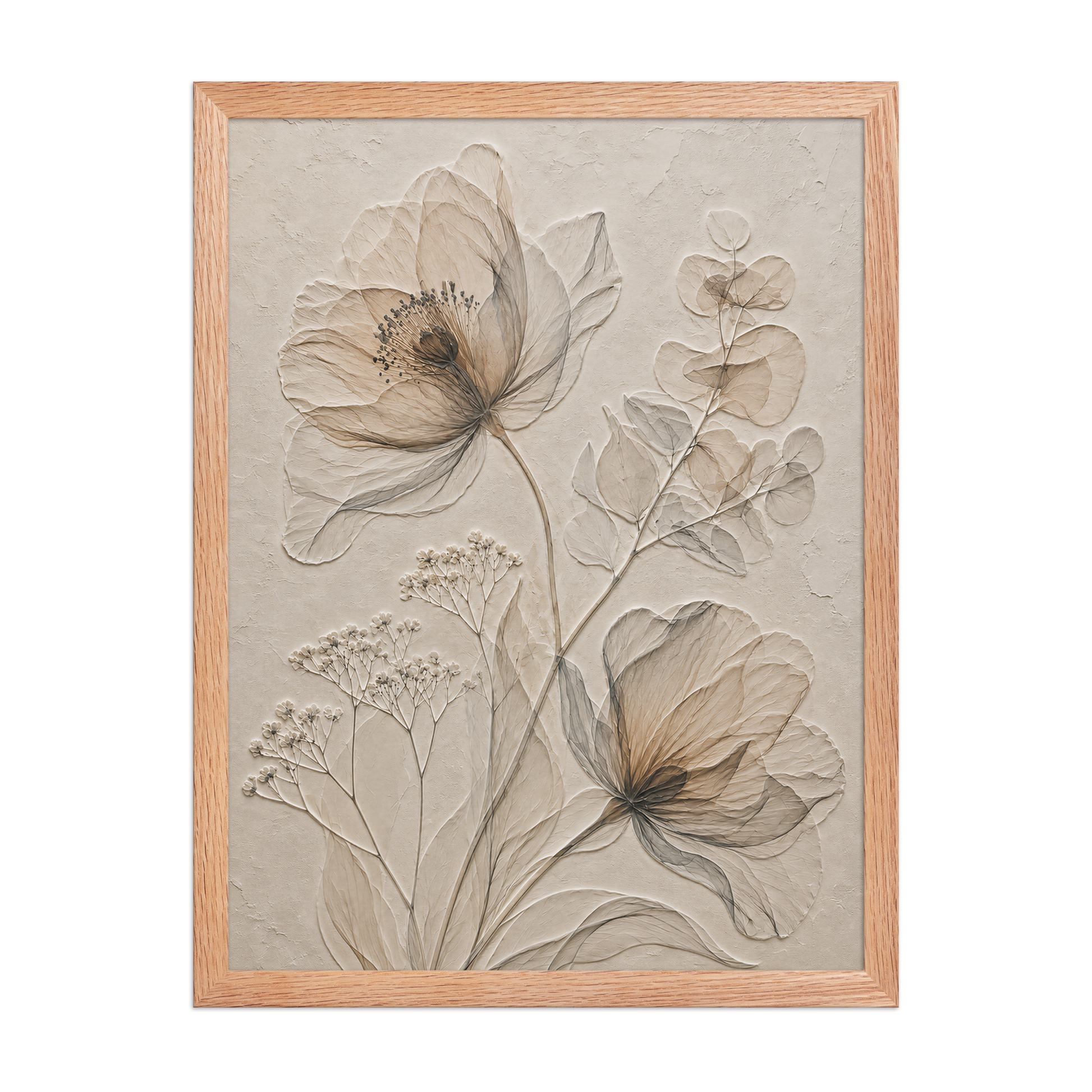 Framed botanical study print with embossed relief-look design in warm sepia tones on beige textured background