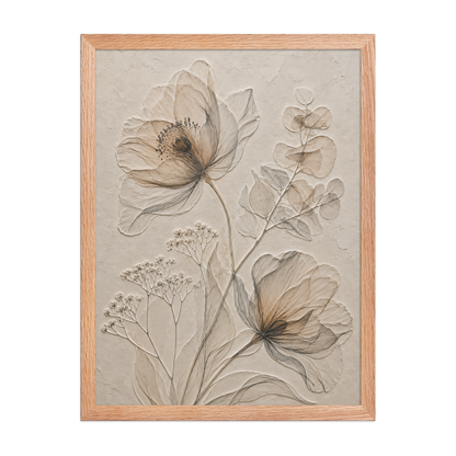 Framed botanical study print with embossed relief-look design in warm sepia tones on beige textured background