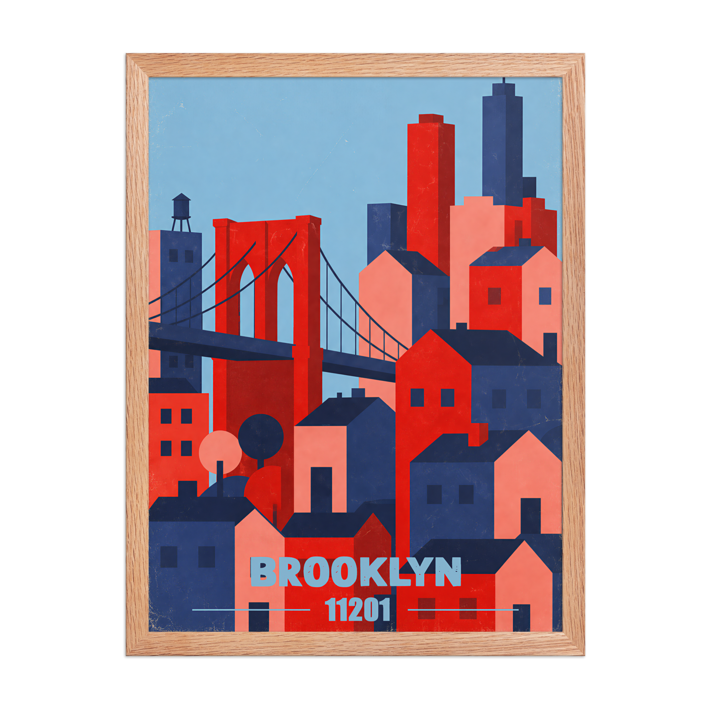 Framed Brooklyn Bridge retro travel poster, 11201 zip code wall art