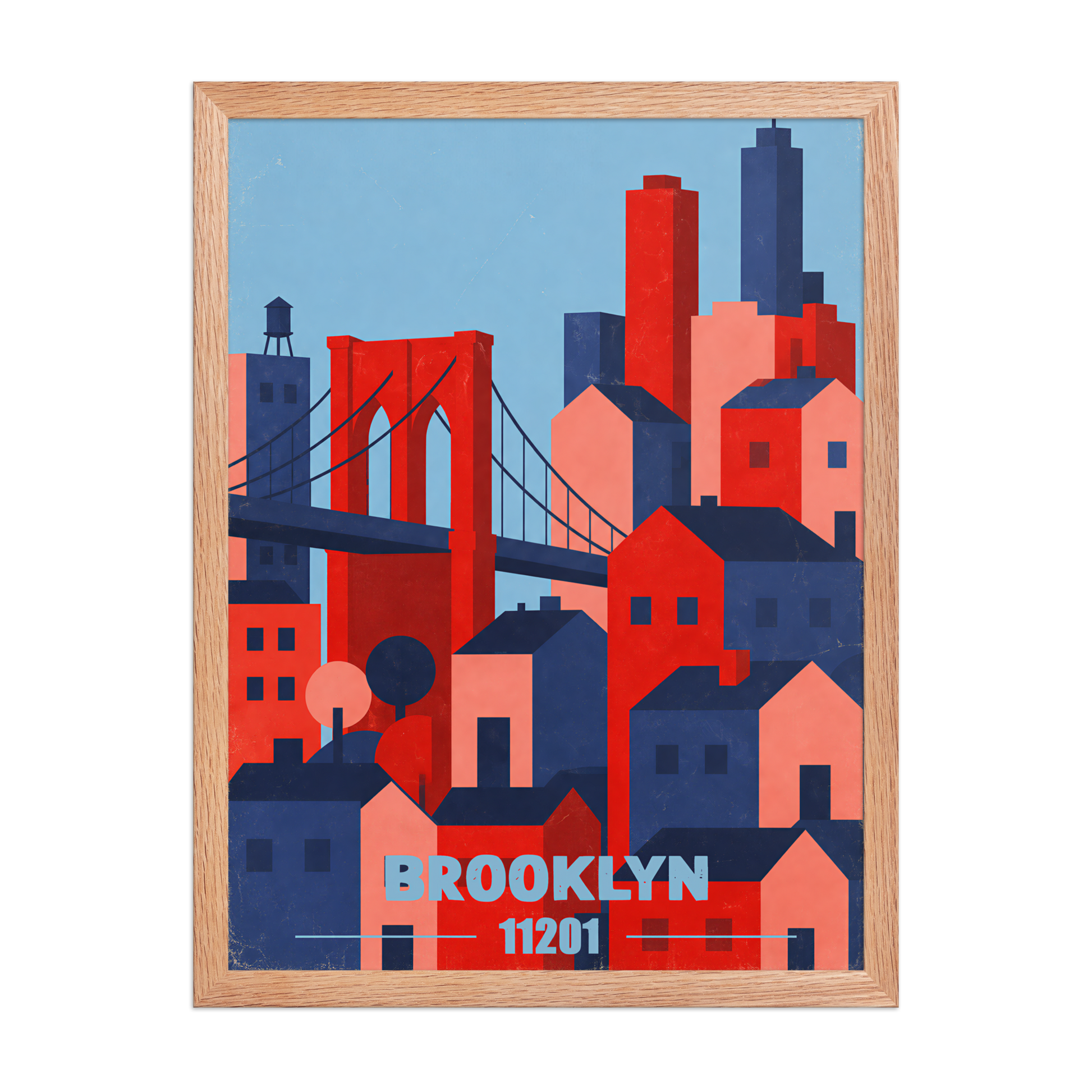 Framed Brooklyn Bridge retro travel poster, 11201 zip code wall art