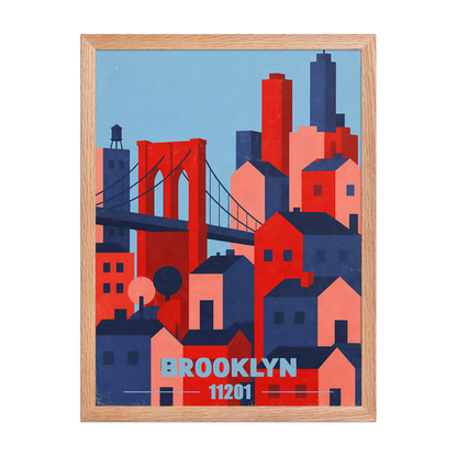 Framed Brooklyn Bridge retro travel poster, 11201 zip code wall art