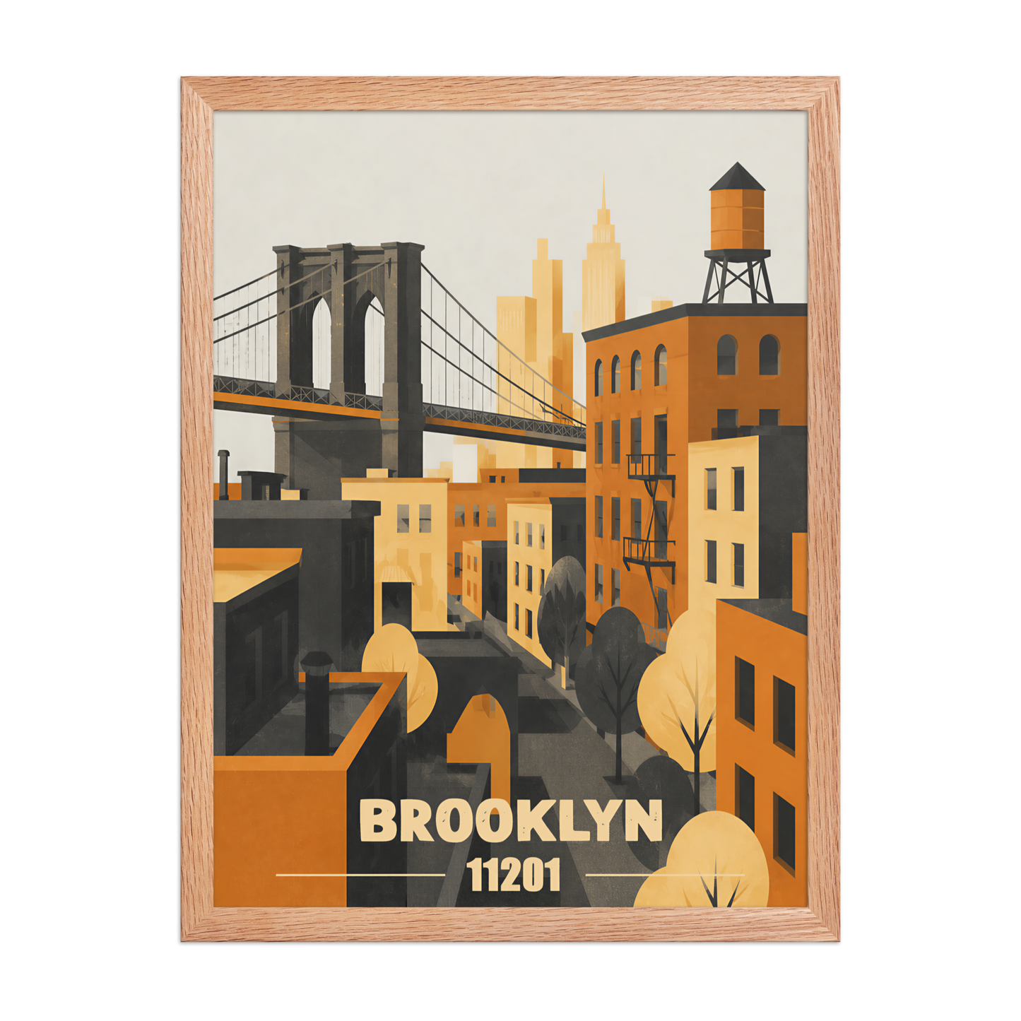 Framed Brooklyn fire escape retro travel poster, 11201 zip code wall art