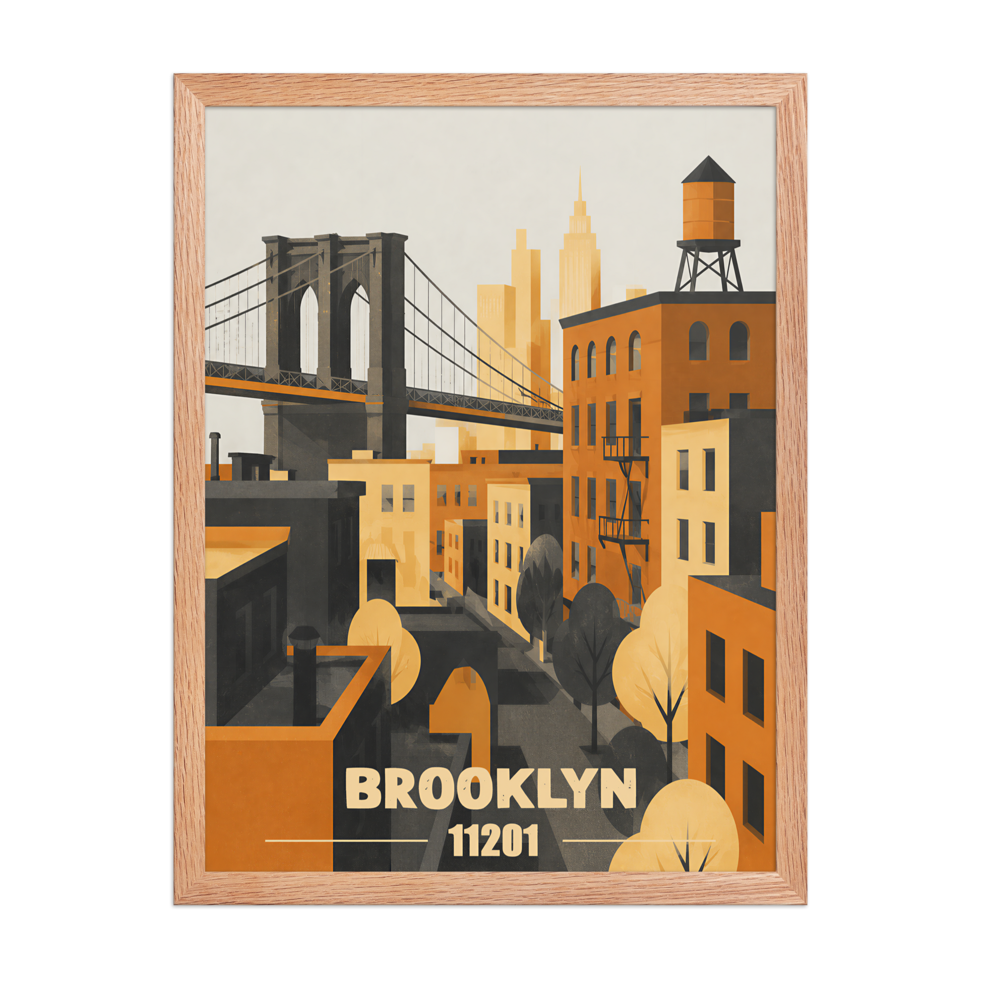 Framed Brooklyn fire escape retro travel poster, 11201 zip code wall art