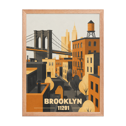Framed Brooklyn fire escape retro travel poster, 11201 zip code wall art