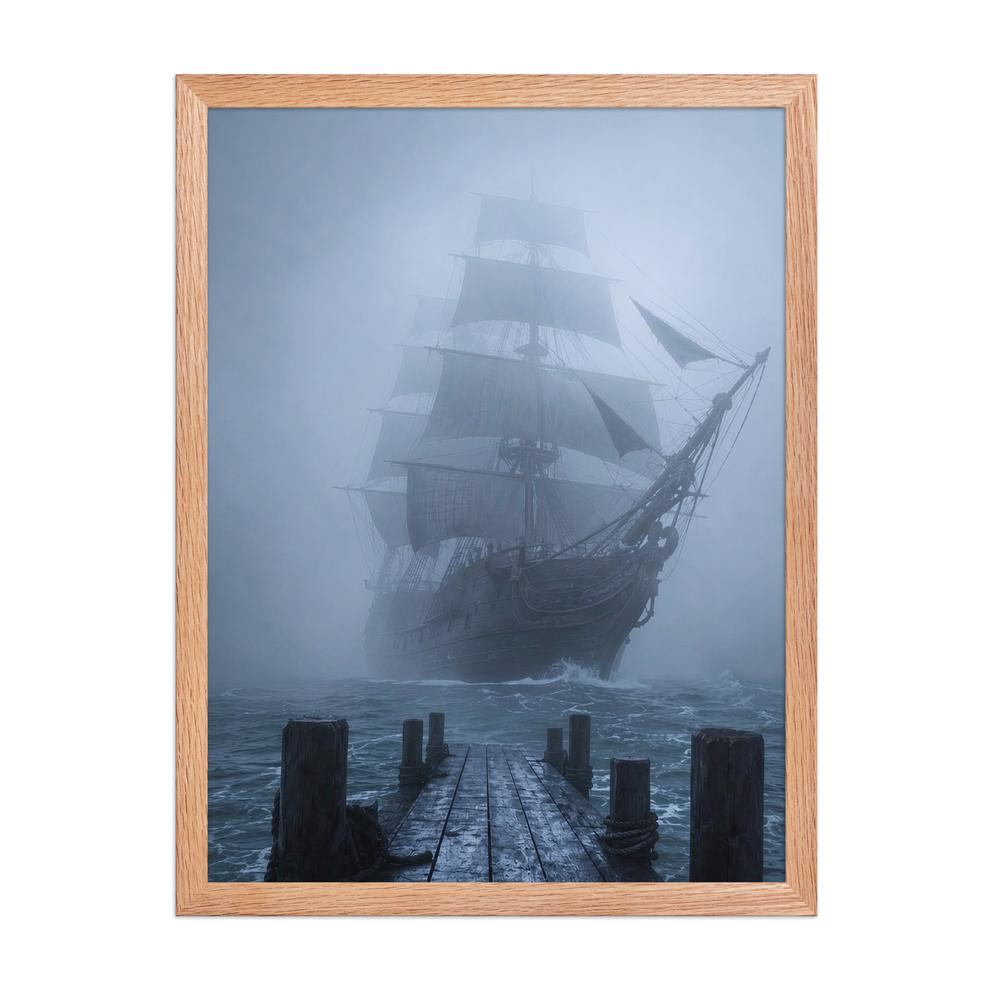 Ghost ship emerging from fog at dawn, dark moody framed wall art print ready to hang, JMTR Jeometry Store