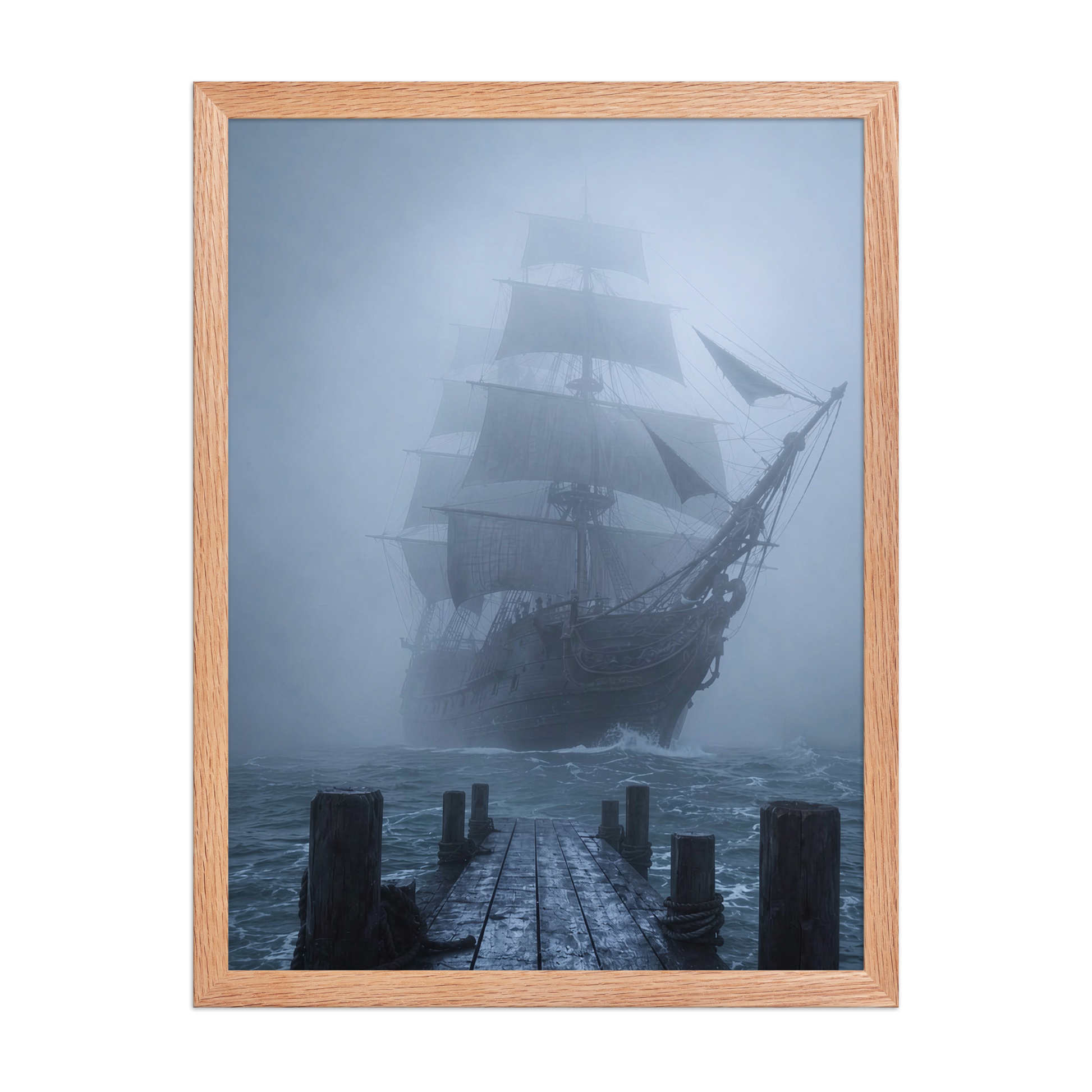 Ghost ship emerging from fog at dawn, dark moody framed wall art print ready to hang, JMTR Jeometry Store