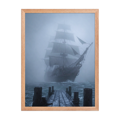 Ghost ship emerging from fog at dawn, dark moody framed wall art print ready to hang, JMTR Jeometry Store