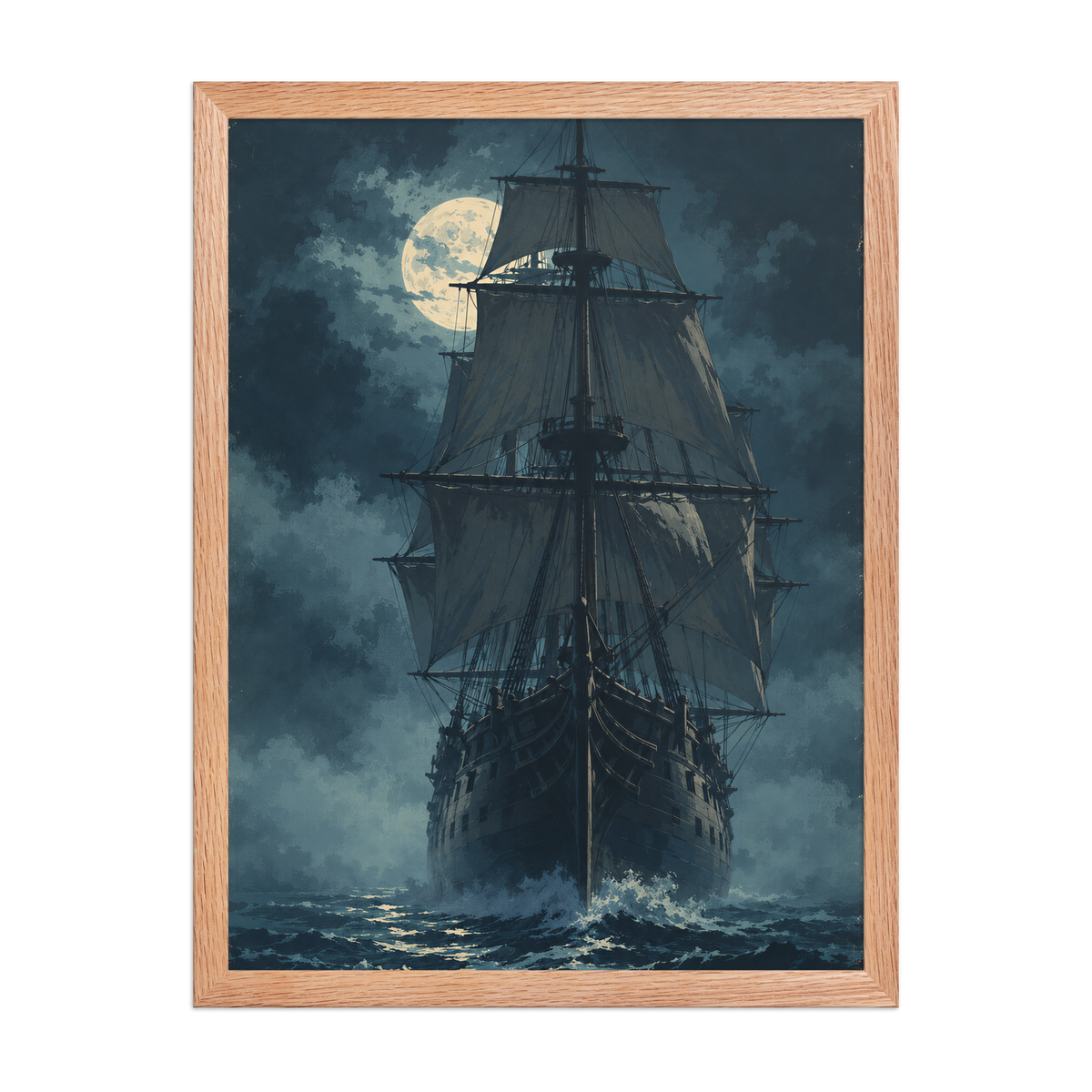 Tall ship sailing under full moon at night, vintage atmospheric nautical framed wall art print ready to hang, JMTR Jeometry Store