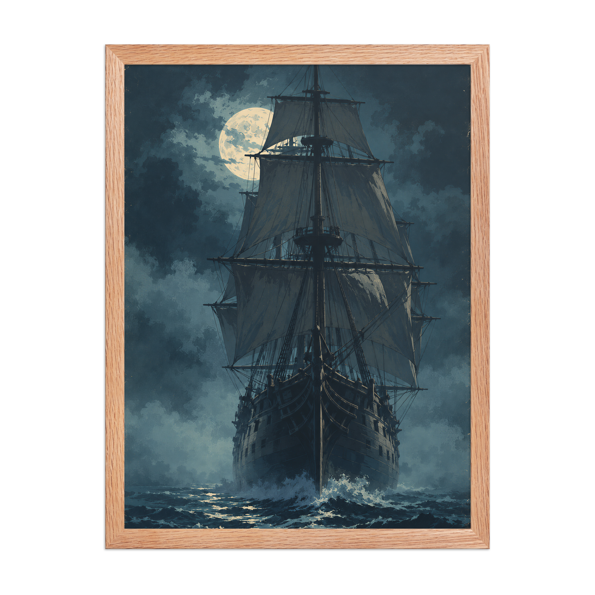 Tall ship sailing under full moon at night, vintage atmospheric nautical framed wall art print ready to hang, JMTR Jeometry Store