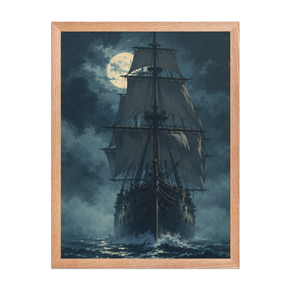 Tall ship sailing under full moon at night, vintage atmospheric nautical framed wall art print ready to hang, JMTR Jeometry Store