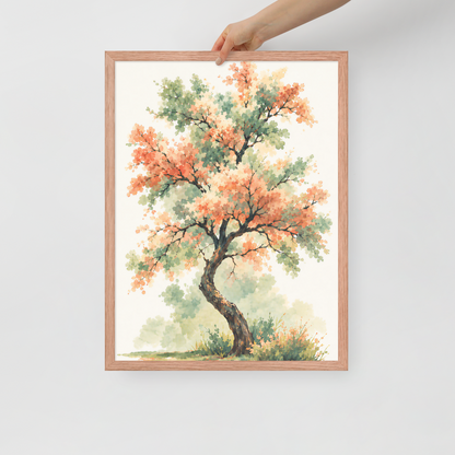 Watercolor painting of a blossoming tree with coral and sage green leaves, twisting trunk in a quiet meadow, framed wall art print ready to hang, JMTR Jeometry Store