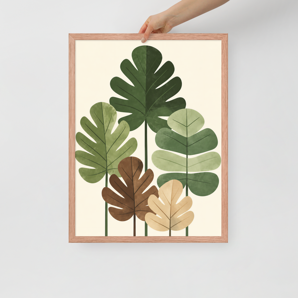 Illustrated fig leaves in shades of green, brown and gold with textured paper-like finish, framed wall art print ready to hang, JMTR Jeometry Store