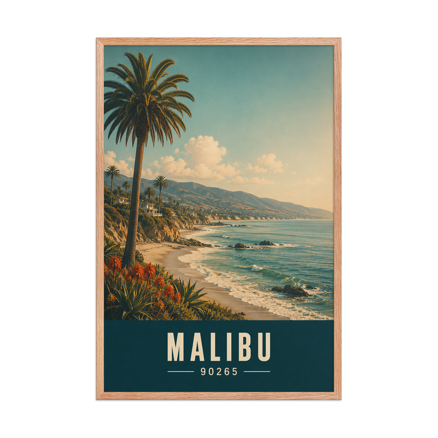 Framed Malibu California retro travel poster with 90265 zip code, coastal beach wall art