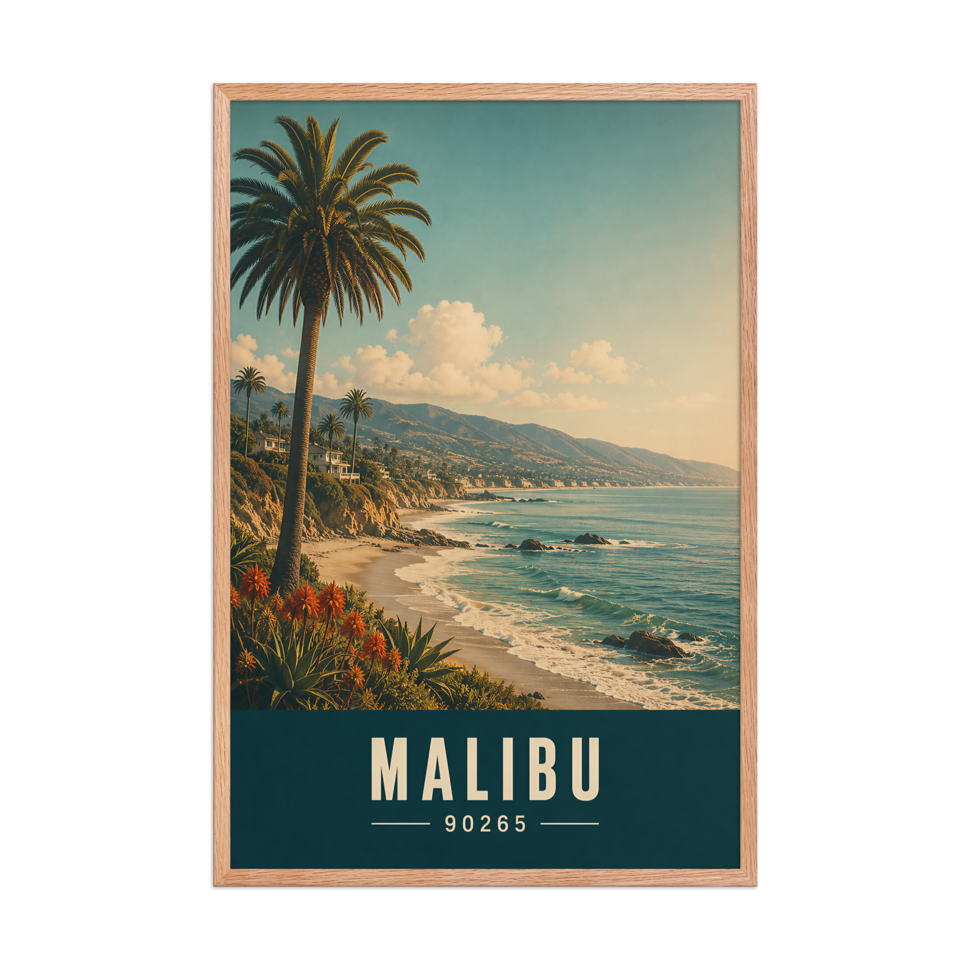 Framed Malibu California retro travel poster with 90265 zip code, coastal beach wall art