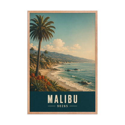 Framed Malibu California retro travel poster with 90265 zip code, coastal beach wall art
