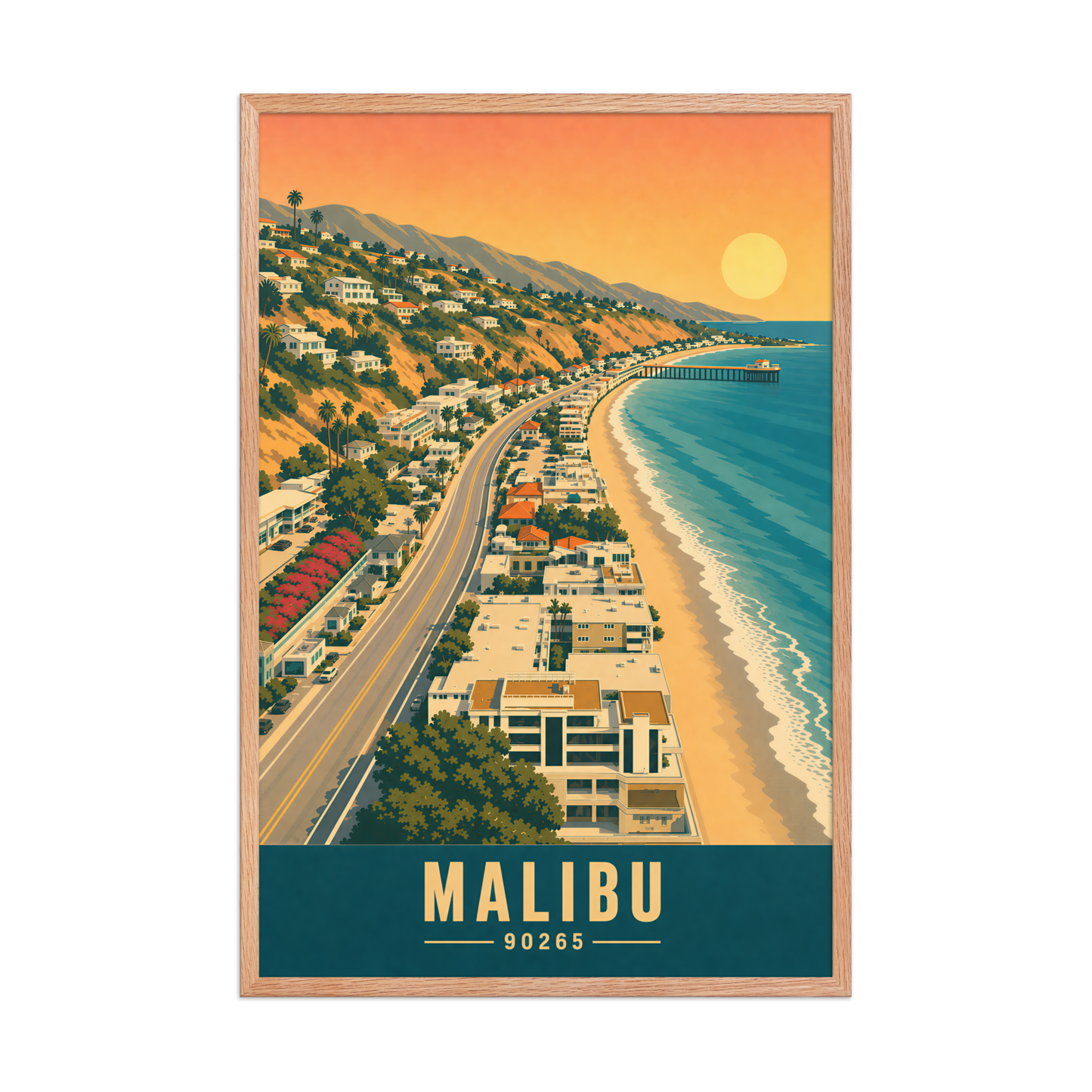 Framed aerial Malibu Pacific Coast Highway poster with 90265 zip code