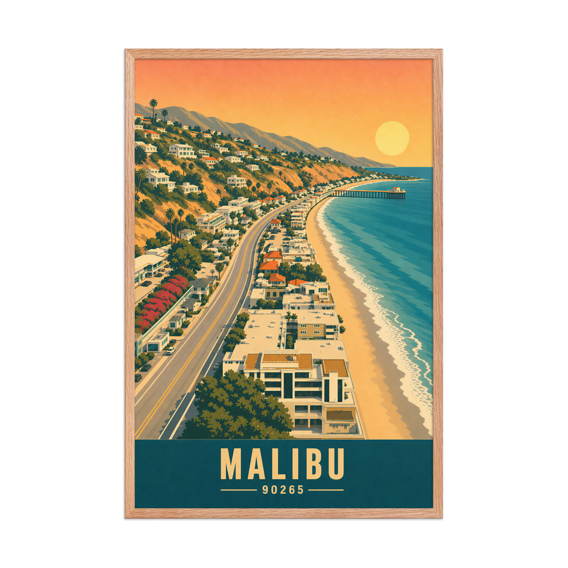 Framed aerial Malibu Pacific Coast Highway poster with 90265 zip code