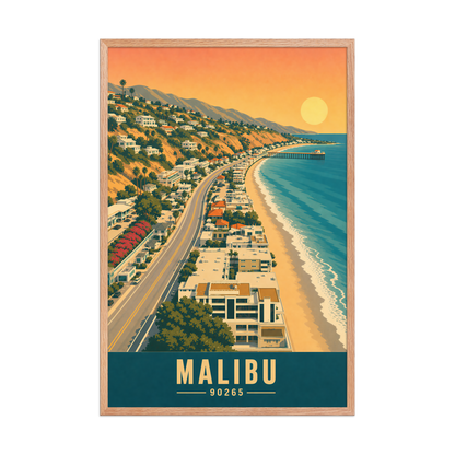 Framed aerial Malibu Pacific Coast Highway poster with 90265 zip code