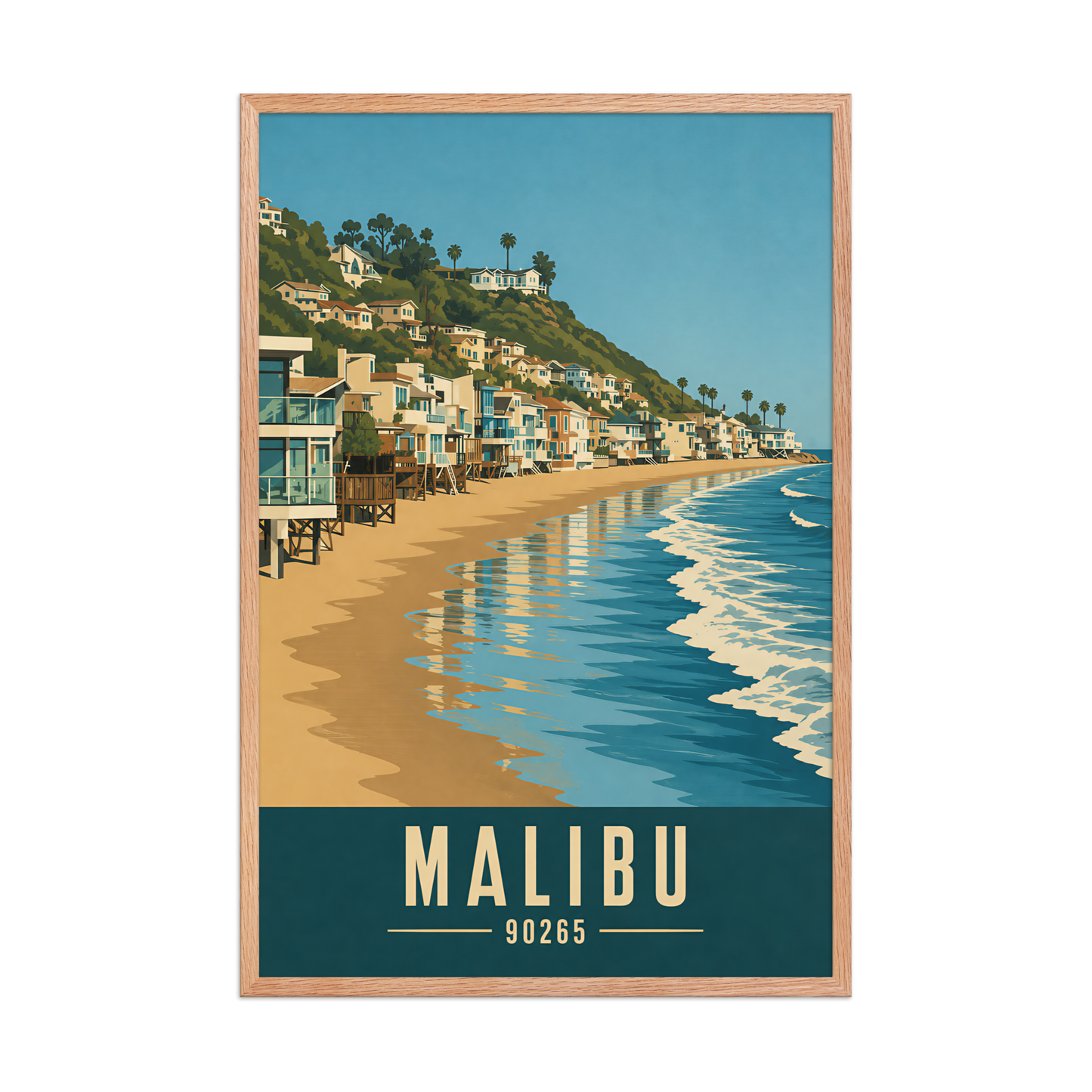 Framed Malibu beach house coastal poster with 90265 zip code