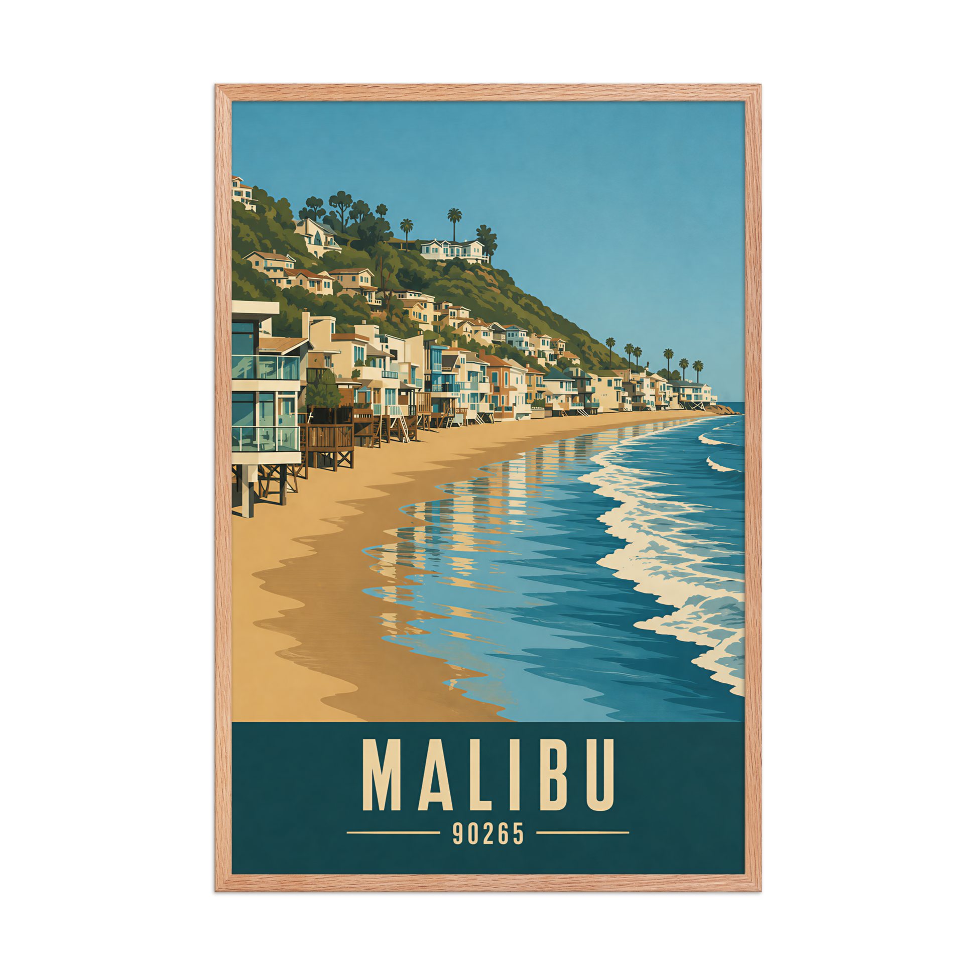 Framed Malibu beach house coastal poster with 90265 zip code