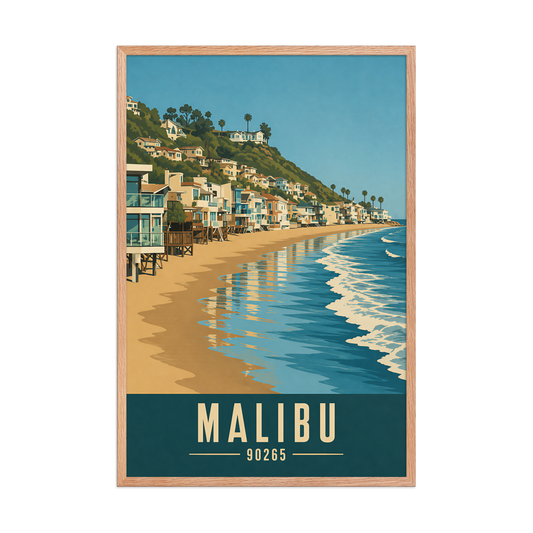 Framed Malibu beach house coastal poster with 90265 zip code