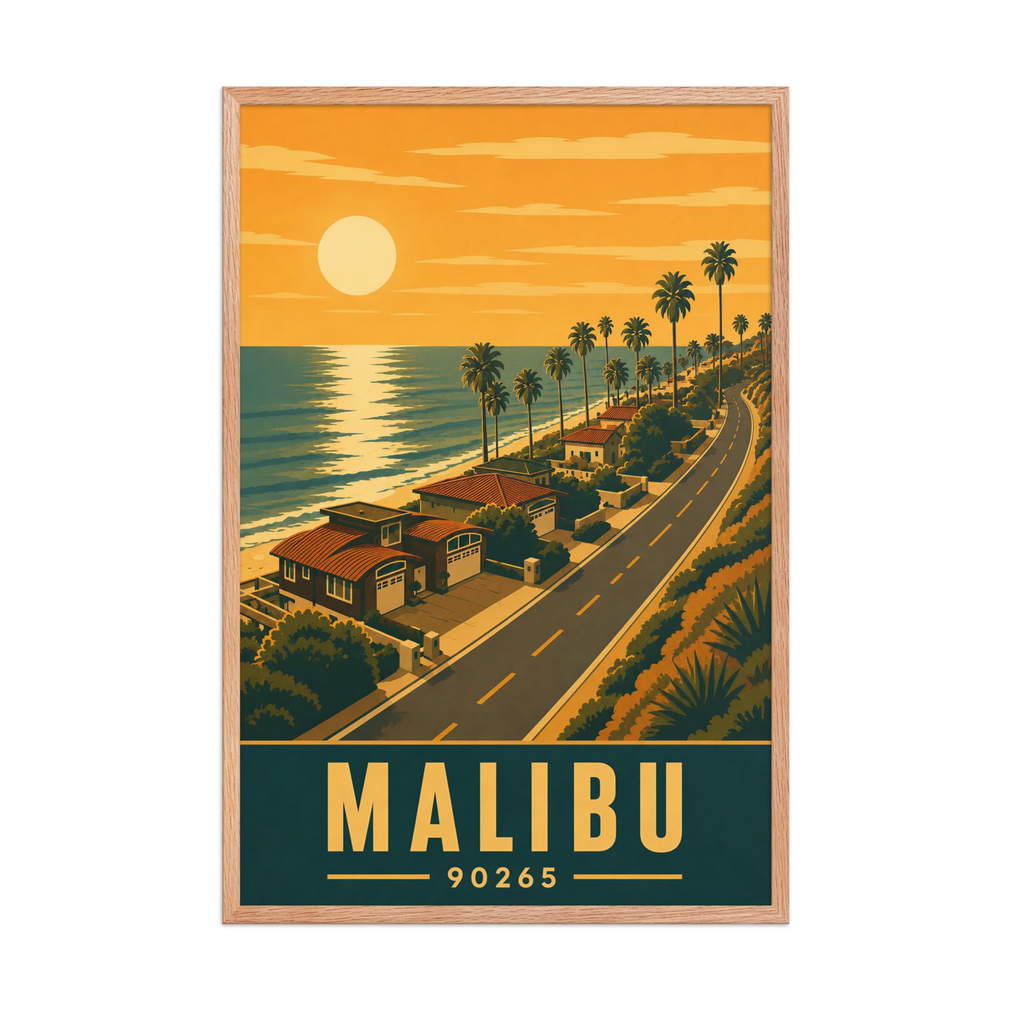 Framed Malibu palm-lined sunset coastal road poster with 90265 zip code