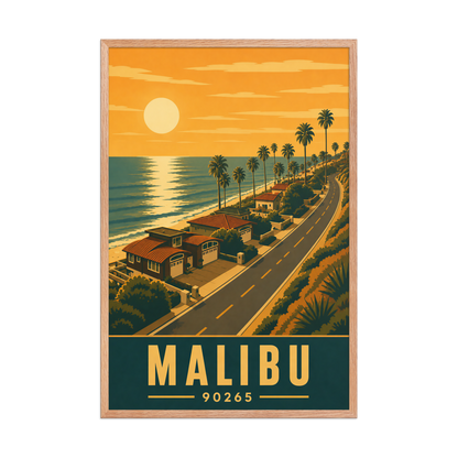Framed Malibu palm-lined sunset coastal road poster with 90265 zip code